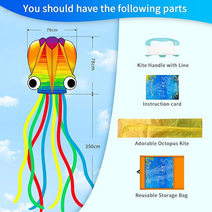 Xida Octopus Kite for Kids Ages 4-8, Professional Kites for Beginners and Adults, Easy to Fly Beach Kites for Boys and Girls, Long Colorful Tail with 200ft Line, Large Kite for Outdoor Family Games