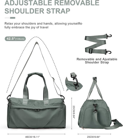 Gym Bag for Women Men, Sport Duffel Bag with Toiletry Bag & Shoe Compartment,Waterproof Travel Weekender Overnight Carry on Bag for Yoga with Trolley Sleeve, Green Set