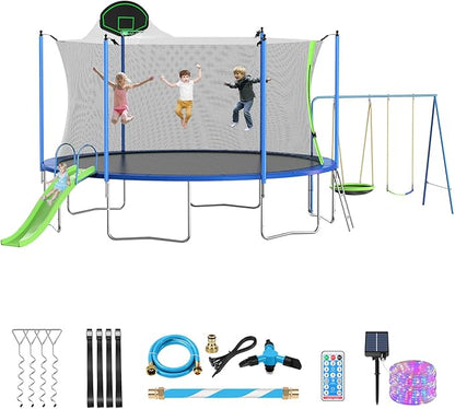 12FT 14FT Trampoline with Slide and Swings, ASTM Approved Outdoor Trampoline with Basketball Hoop and Ladder, Capacity for 5-7 Kids and Adults