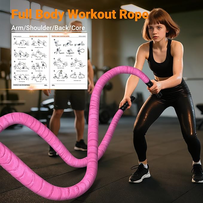 Battle Rope 1/1.26/1.5/2 Inch Diameter,Pink 30FT/40FT/50FT Exercise Workout Ropes for Home Gym Heavy Weighted Training Rope for Working Out