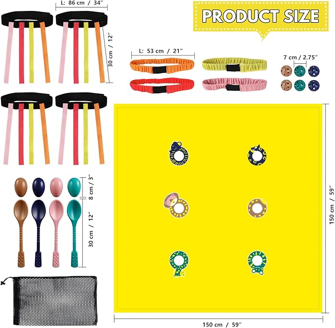 4-in-1 Outdoor Kids Party Games Set – Includes Hole Tarp Ball Game, Egg Spoon Race Game, 3 Legged Race Bands & Tail Tag Belts – Fun Team Building Backyard Carnival Birthday Games for Ages 5-12
