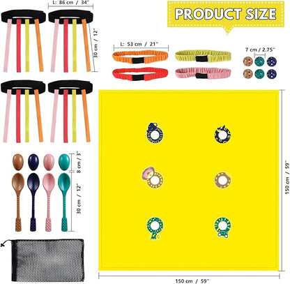 4-in-1 Outdoor Kids Party Games Set – Includes Hole Tarp Ball Game, Egg Spoon Race Game, 3 Legged Race Bands & Tail Tag Belts – Fun Team Building Backyard Carnival Birthday Games for Ages 5-12
