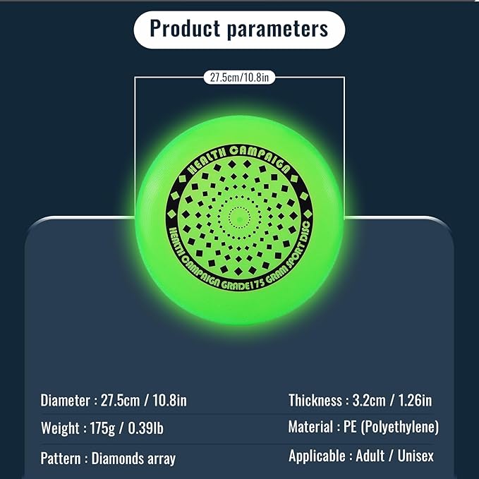 175g Professional Sports Flying Disc for Ultimate & Casual Play, Glow-in-The-Dark Competition Grade Throwing Disc, Diamond/Hurricane Pattern, Perfect for Ultimate Sport, Outdoor Fun and Fitness