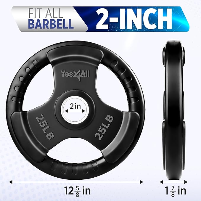 Yes4All Rubber Grip Plates for Barbell, 2-Inch Weight Plates for Weightlifting and Strength Training in Home Gym (Single, Pair and Set)