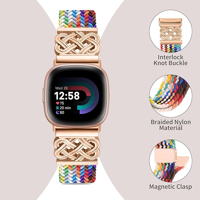 Braided Band Compatible with Fitbit Versa 4 Bands for Woman/Versa 3/Sense 1/Sense 2 Band, Magnetic Clasp Fabric Nylon with Designer Interlock Buckle Straps for Fitbit Versa4/3/Sense1/2