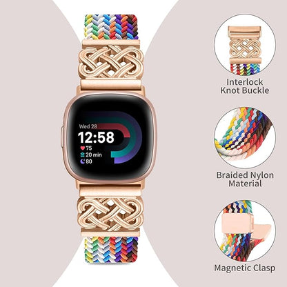 Braided Band Compatible with Fitbit Versa 4 Bands for Woman/Versa 3/Sense 1/Sense 2 Band, Magnetic Clasp Fabric Nylon with Designer Interlock Buckle Straps for Fitbit Versa4/3/Sense1/2