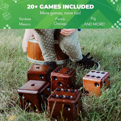 SWOOC Games - Yardzee, Farkle & 20+ Giant Dice Games (All Weather) Yard Dice with Wooden Bucket, 5 Scorecards & Marker - Jumbo Dice Yard Game - Extra Large Yard Games for Adults - Jumbo Lawn Games