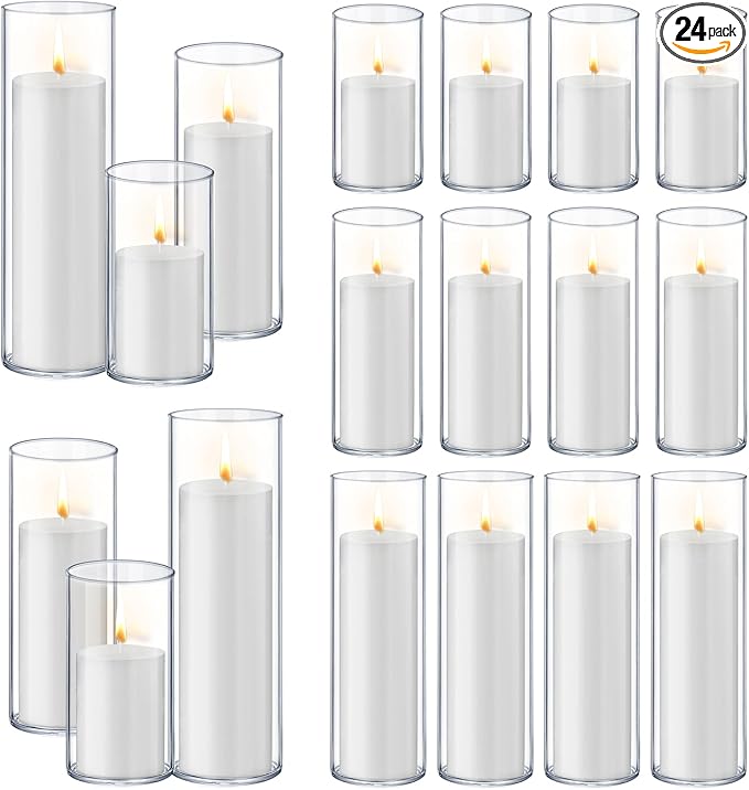36 PCS White Pillar Candles with Glass Candle Holders Clear Hurricane Candle Holders Glass Cylinder Vases for Centerpieces Wedding Party, Event, Home Office (18 Candles+18 Candle Hoders)
