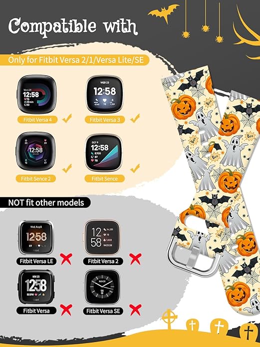 Watbro Halloween Holiday Band Compatible with Fitbit Versa 3 / Sense/Fitbit Versa 4 / Sense 2 Bands for Women Men,Soft Silicone Cute Sport Pumpkin Strap