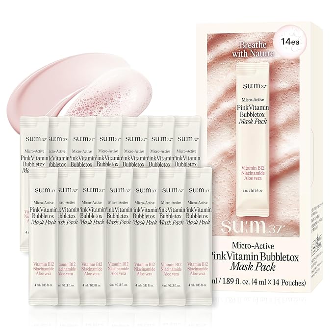SU:M Micro-Active Pink Vitamin Bubbletox Mask Pack (0.13 fl oz x 14ea) - Korean Skincare ??Deep pore cleansing, hydration with Fermented Pink Vitamin 12, Hibiscus, Kaolin & Bentonite