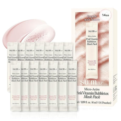 SU:M Micro-Active Pink Vitamin Bubbletox Mask Pack (0.13 fl oz x 14ea) - Korean Skincare ??Deep pore cleansing, hydration with Fermented Pink Vitamin 12, Hibiscus, Kaolin & Bentonite