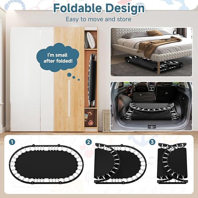 36"x56" Indoor Trampoline for Kids, Foldable Trampoline with Adjustable Handle, Double Trampoline for Boy and Girl, Kids Small Trampoline