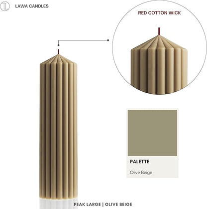 LAWA Ribbed Peak Pillar Candle - Large Beautiful Handmade Pillar Scented Soy Wax Candle Elegant Bubble Aesthetic Candle Housewarming Gift Home Room Shelf Decor Idea White (Set of 3, Olive Beige)