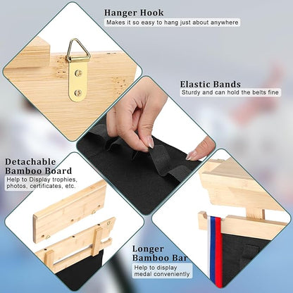 JUXYES Wall Hanging Martial Arts Belts Organizer with Trophy and Medal Display Rack, Bamboo Karate Belt Display Holder Rack, Wall Mounted Taekwondo Belt Display Holder for Martial Arts Learners
