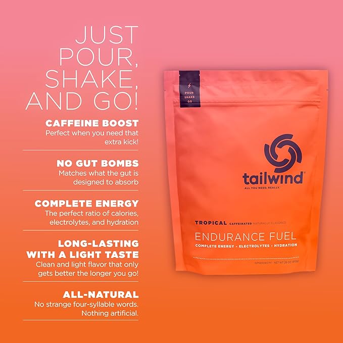 Tailwind Nutrition Endurance Fuel, Carbohydrate & Electrolyte Sports Drink Mix Powder, Gluten-Free, Vegan, Tropical Buzz, 30 Servings (Caffeinated)