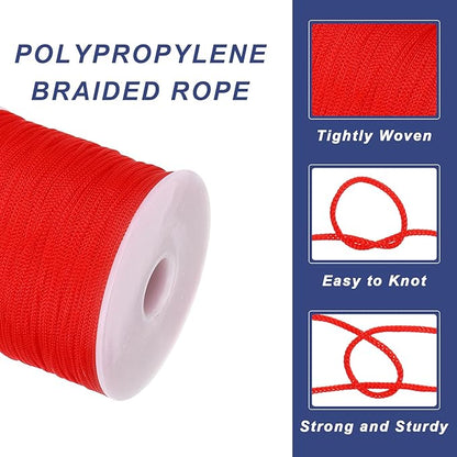 MECCANIXITY 1/16 Inch Polypropylene Rope Braided Ropes, 328ft Nylon Rope Hollow Utility Cord for Clothesline, Camping, Hiking, Outdoor, Red