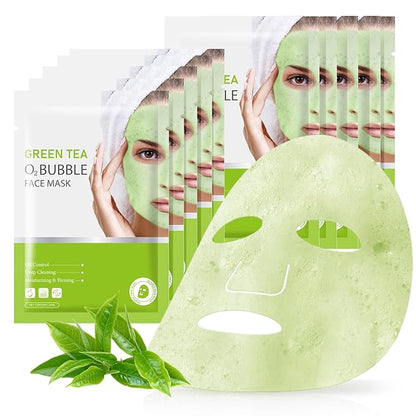 10 Sheets Face Masks Skincare O2 Bubble Green Tea Face Mask, Cleaner Bubble Sheet Masks Foaming Purifying Facial Mask for Pores, Moisturizing Spa Face Masks Skin Care For All Skin Type