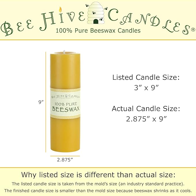 100% Pure Beeswax Pillar Candle (3" x 9") | Natural Beeswax Candles | Soy, Paraffin & Fragrance Free | Handmade in The USA