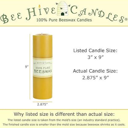 100% Pure Beeswax Pillar Candle (3" x 9") | Natural Beeswax Candles | Soy, Paraffin & Fragrance Free | Handmade in The USA
