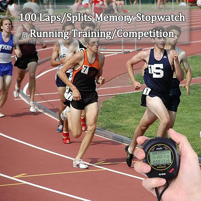 FCXJTU Digital Sports Stopwatch Timer 10/100 Lap Split Memory Stopwatch Calendar Alarm, Pace Mode with 3-Row Extra Large Screen Water Resistant Includes Battery, Lanyard for P.E Referee Coaches