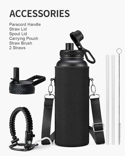 40oz Insulated Water Bottle,Stainless Steel Vacuum Water Bottle, BPA-Free & Leakproof -with Paracord Handle,Strap,Straw Spout Lids,Large Water Jug for Gym Sports