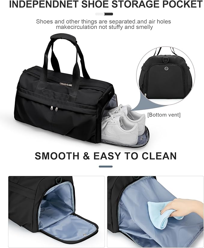 Gym Bag for Women Men, Sport Duffel Bag with Toiletry Bag & Shoe Compartment,Waterproof Travel Weekender Overnight Carry on Bag for Yoga with Trolley Sleeve, Black Set