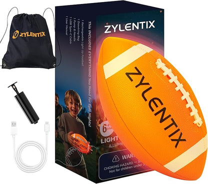 USB-C Rechargeable Light Up Football | Glow in The Dark LED Ball | Size 6 Pro Grip for Night Games | Outdoor & Backyard Sports Toy | Birthday Gifts for Boys Ages 6-15