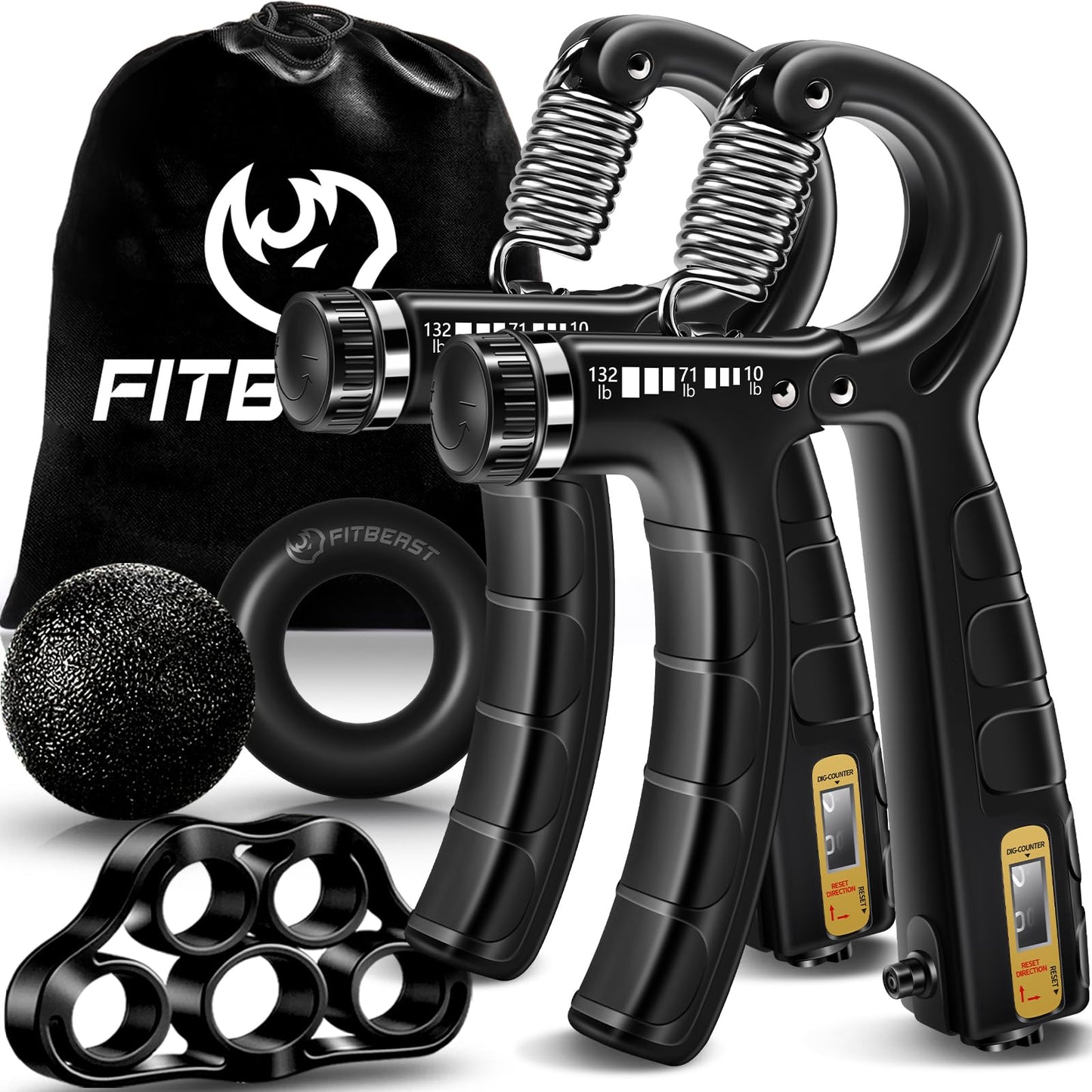 FitBeast Hand Grip Strengthener Workout Kit (5 Pack), 2 Forearm Grip Adjustable Resistance Hand