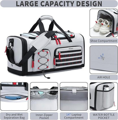 Bosstin Gym Bag for Men & Women, 45L Travel Duffle Sports Duffel Bag Gym Weekender Overnight Backpack with Shoe Compartment (Grey)
