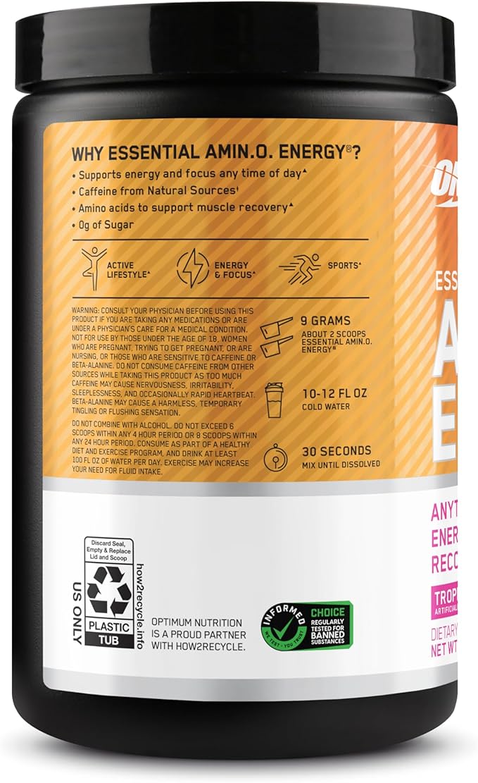 Optimum Nutrition New Flavor Amino Energy - Pre Workout with Green Tea, BCAA, Amino Acids, Keto Friendly, Green Coffee Extract, Energy Powder - Tropical Sunrise, 30 Servings (Packaging May Vary)