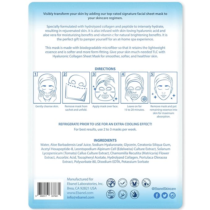 Ebanel 40 Pack Collagen Face Mask with Hyaluronic Acid, Vitamin C, Peptide, Aloe, Instant Brightening Hydrating Face Masks Skincare Korean Sheet Mask, Skin Firming, Lifting Anti Aging Facial Masks