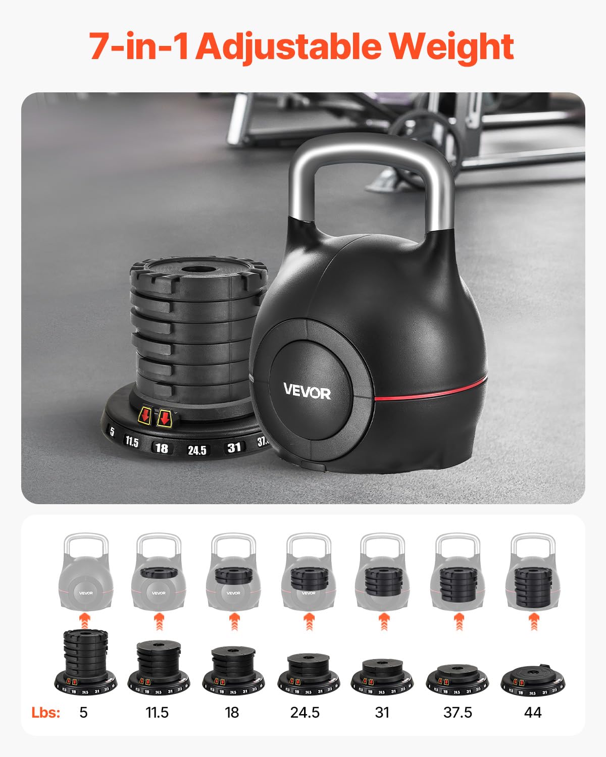 VEVOR Kettlebell, Adjustable Kettlebell with 7 Weight Levels (5, 11.5, 18, 24.5, 31, 37.5, 44 lbs)