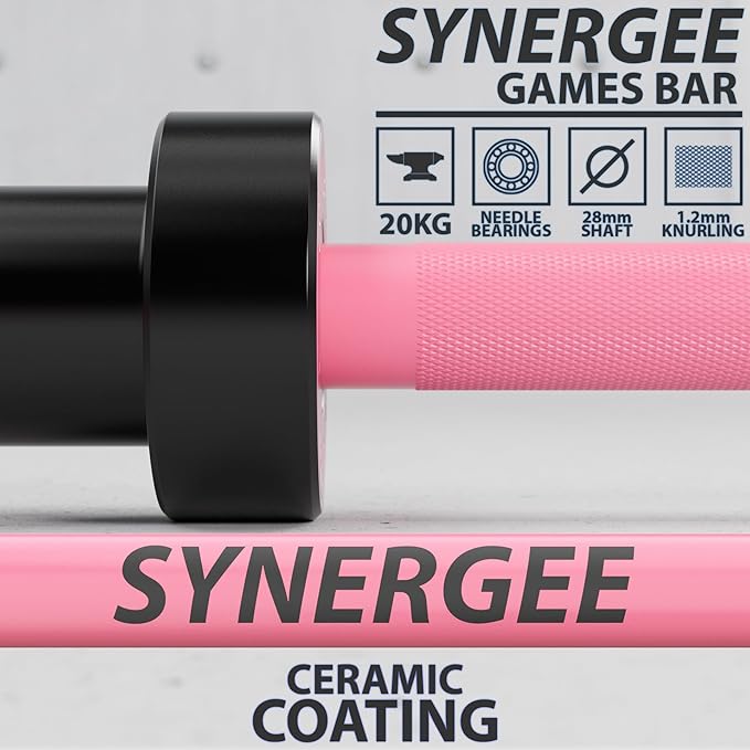 Synergee Games 15kg and 20kg Colored Ceramic Coated Barbells. Rated 1500lbs for Weightlifting and Powerlifting. Black, Red, Grey, Pink