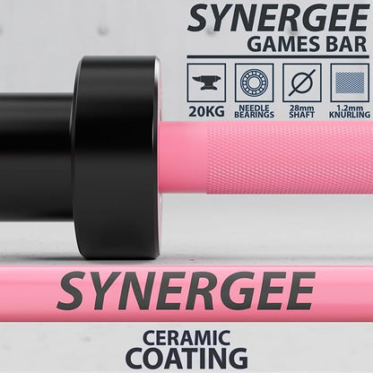 Synergee Games 15kg and 20kg Colored Ceramic Coated Barbells. Rated 1500lbs for Weightlifting and Powerlifting. Black, Red, Grey, Pink