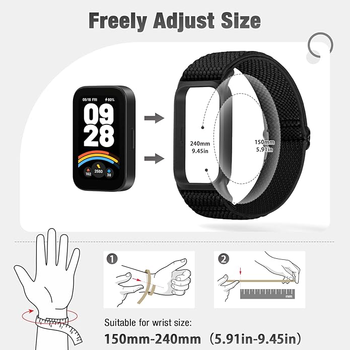 2 Pack Elastic Bands Compatible with Xiaomi Smart Band 9 Active Women Men, Soft Nylon Replacement Sport Wriststrap for Redmi Band 3