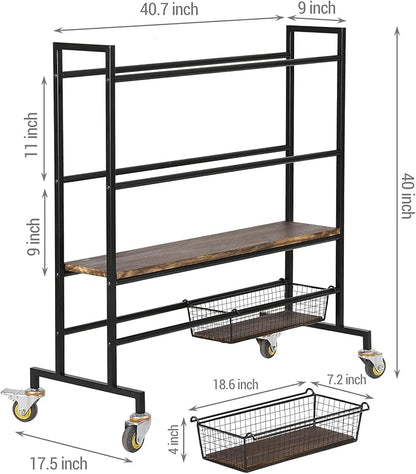 MyGift Sports Ball Organizer for Garage with Wheels, 4 Tier Large Heavy Duty Basketball Holder Stand, Black Metal Sports Equipment Storage Rack with Burnt Solid Wood Shelf, and 2 Basket Training Equip