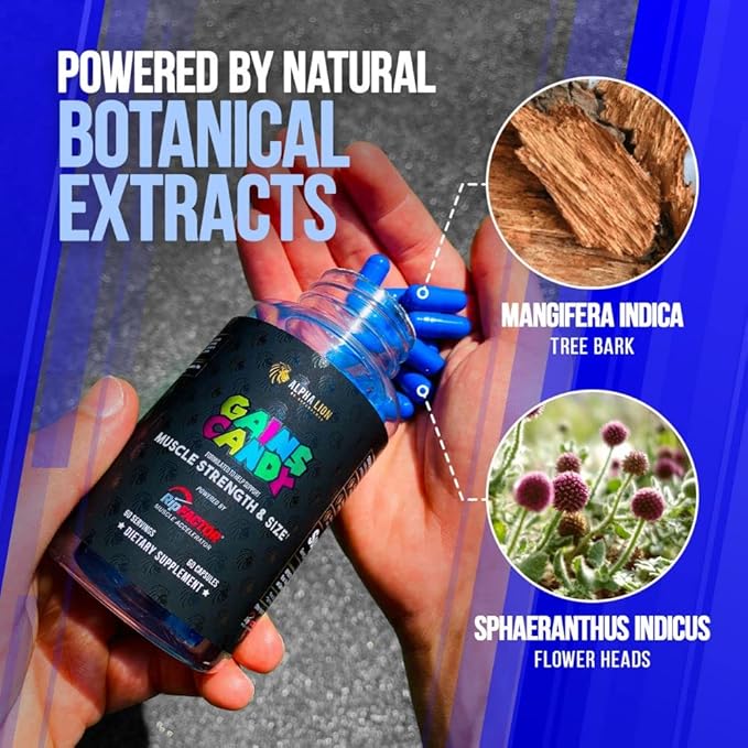 ALPHA LION Gains Candy, Supplement Pills for Muscle Growth, Size, & Strength, Nitric Oxide Booster, Muscle Builder, Use Daily to Upgrade Energy & Workout Performance, 60 Capsules (RipFACTOR®)