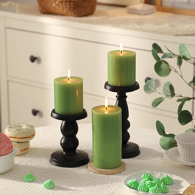 3x6 Inch Green Pillar Candles Set of 3 - Decorative Unscented Pillar Candle, Long Burning Dripless Candle for Table Decor, Smokeless Large Pillar Candles for Wedding Table Decor