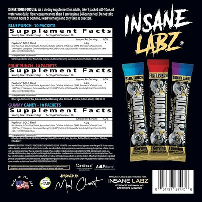 Insane Labz Psychotic Gold, High Stimulant Pre Workout Powder, Extreme Lasting Energy Focus, Pumps and Endurance with Beta Alanine, DMAE Bitartrate, NO Booster (30 Servings, Variety)