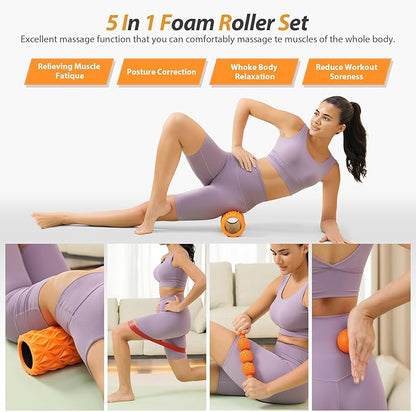 5 in1 Foam Roller Set, Trigger Point Foam Roller, Massage Roller Stick, Massage Ball, Resistance Band for Deep Muscle Massage Pilates Yoga,Fitness Exercise for Whole Body (Pure Orange)