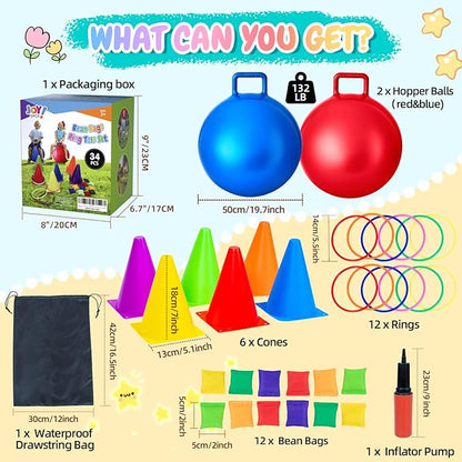 35PCS 4 in 1 Carnival Outdoor Games Combo Set for Kids, Soft Plastic Cones Bean Bags Ring Toss Game, Activity Agility Set with 2 PCS 18" Hopper Balls, Birthday Party Yard Lawn Games