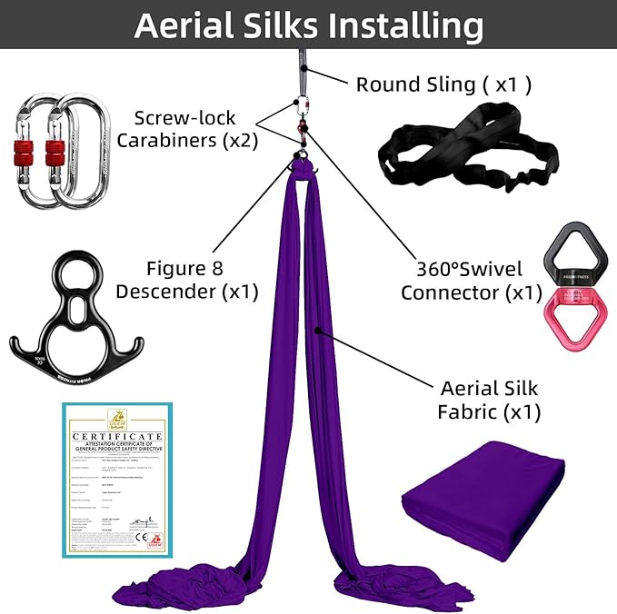 PRIOR FITNESS Aerial Silks Set, Professional Thicker Low Stretch Fabric 9/15/20 Yards Aerial Silk Swing Set with Hardware Guide, Yoga Starter Kit For Home, Aerial Yoga Hammock, Silks for Gymnastics, Antigravity Yoga, Inversion Exercise-All Levels