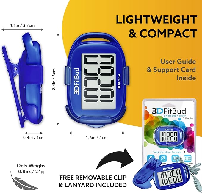 3DFitBud Simple Step Counter Walking 3D Pedometer from 3DActive with Clip & Lanyard - A420S