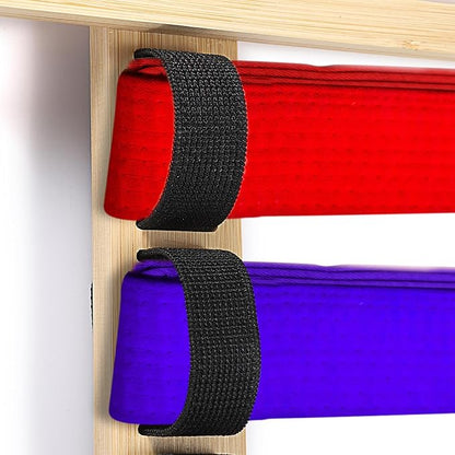 JUXYES Wall Hanging Martial Arts Belts Organizer for 10 Belts with Medal Hanger and Stickers, Bamboo Karate Belt Display Holder Rack, Taekwondo Belt Display Holder for Martial Arts Learners