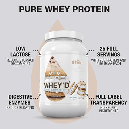 Whey'd Protein Powder, 25 G Whey Protein Blend with Concentrate, Isolate & Hydrolysate, Low Lactose & Digestive Enzymes for Easy Mixing, Ice Cream Cookie Sandwich Flavor, 25 Servings