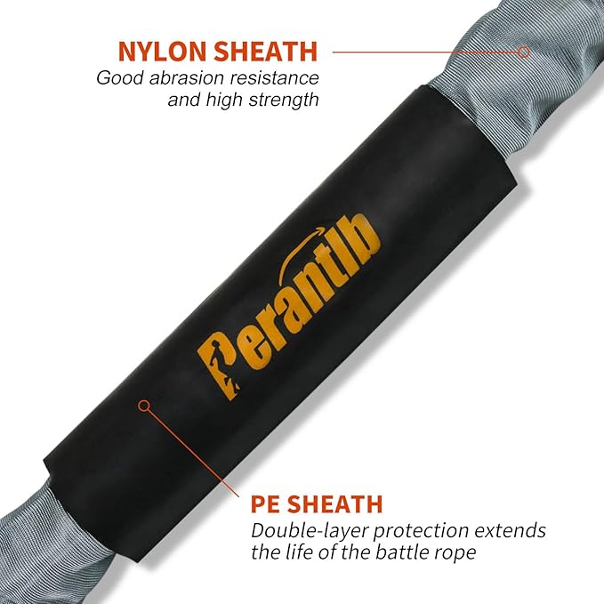 Perantlb Poly Battle Rope with Cloth Sleeve -1.25/1.5/2 Inch Diameter 30' 40' 50' Lengths -Gym Muscle Toning Metabolic Workout Fitness, Battle Ropes for Home Gym