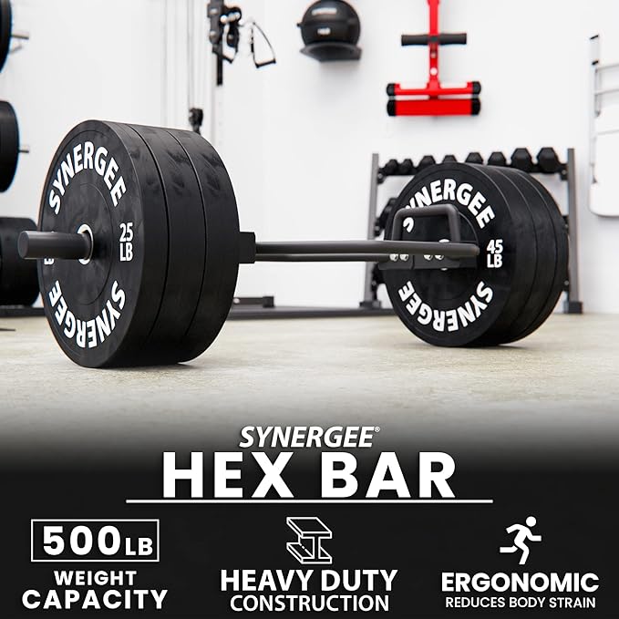 Synergee 20kg and 25kg Chrome or Black Olympic Hex Barbell Trap Bar with Rotating, Flat or Raised Handles for Squats, Deadlifts, Shrugs.