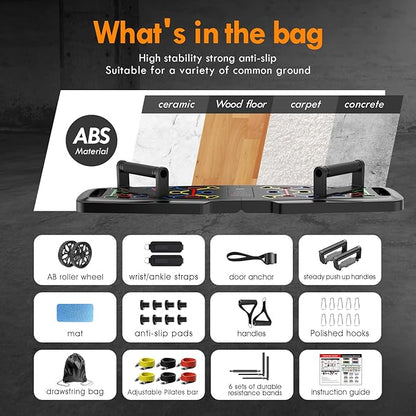 Push Up Board,Home Gym,Portable Exercise Equipment,Pilates Bar and 20 Fitness Accessories with Resistance Bands and Ab Roller Wheel,Full Body Workout at Home