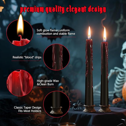 6 Pack Halloween Bleeding Candles, Black Vampire Tears Taper Candles Spooky Blood Drip Candles Set for Halloween Party Gothic Home Vampire Theme Rituals Decoration