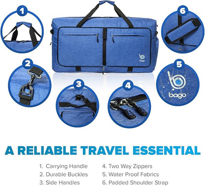 Bago Big XXL Foldable Duffel Bags for Traveling Women & Men - 140L Packable Duffle Bag for Travel with Shoe Compartment - Water Repellant, Heavy Duty, Lightweight Folding & Collapsible (SnowDepBlue)